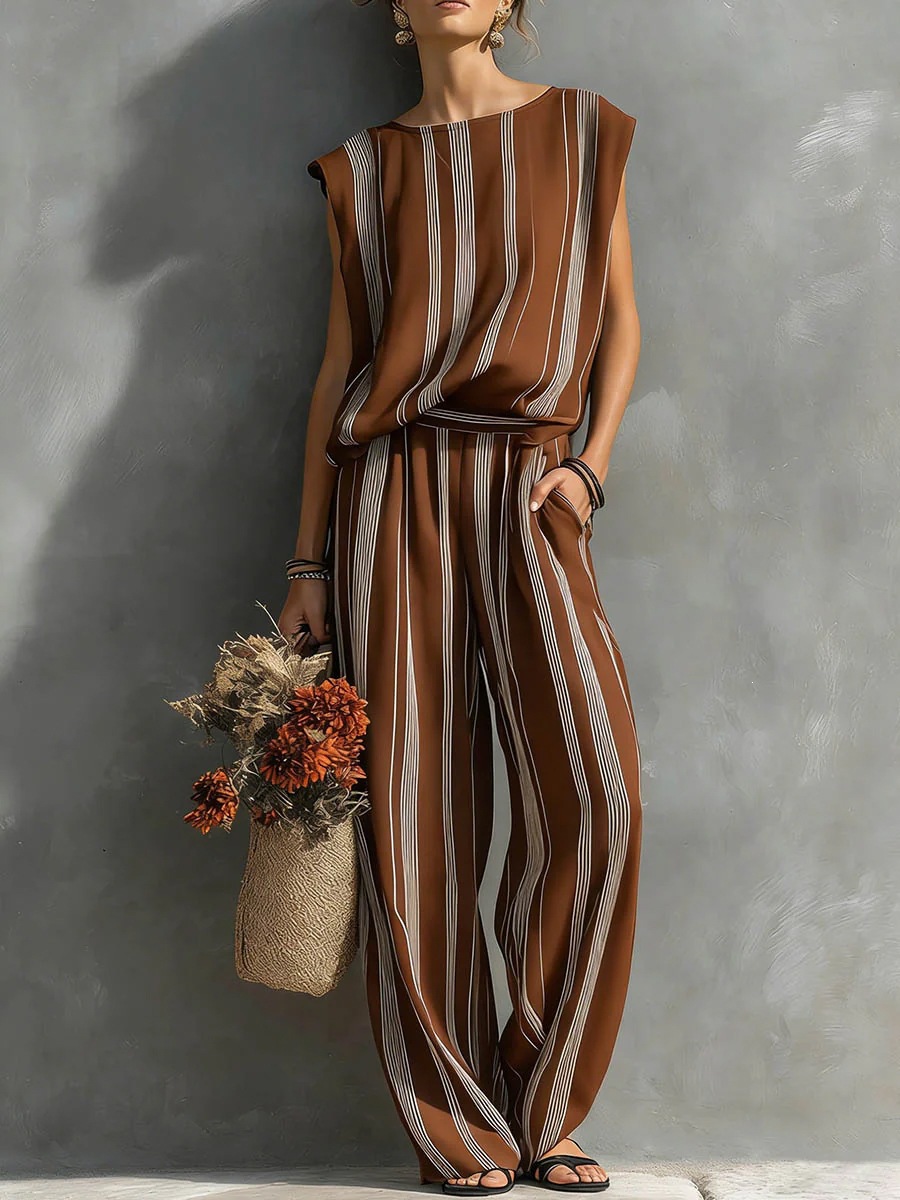 Elegant Round Neck Sleeveless Top and Wide-Leg Pants Two-Piece Set