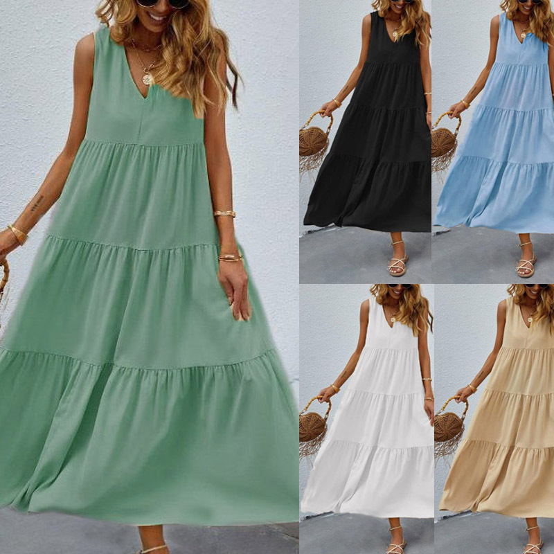 Women's Sleeveless V-Neck Flowy Maxi Dress Loose Waist Solid Color