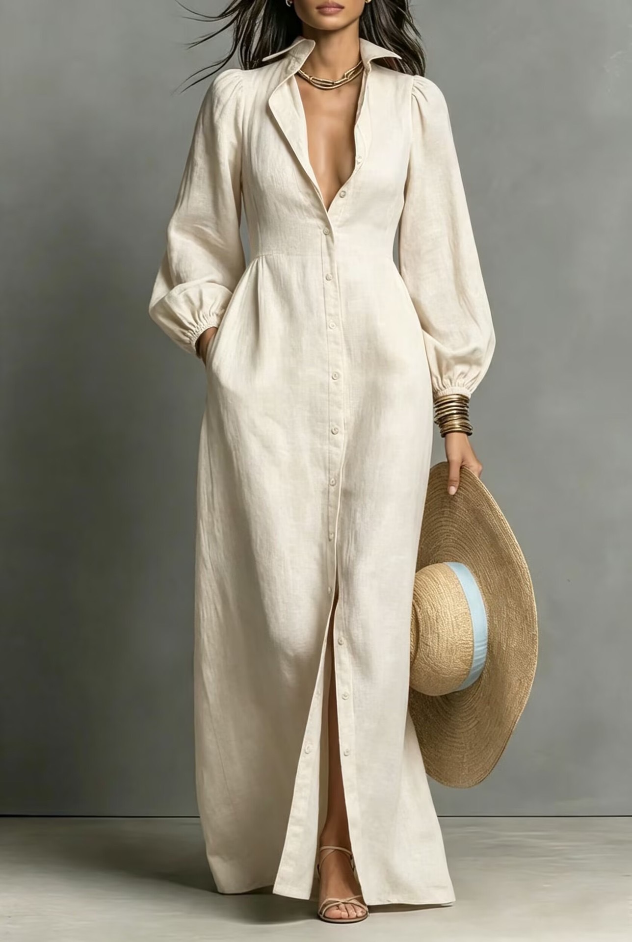 Lantern Sleeve Button-Front Long Shirt Dress Retro Casual