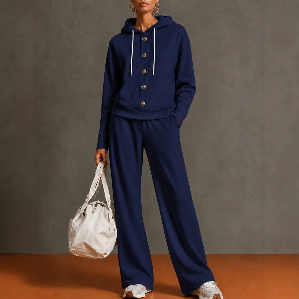 Women's Solid Color Hooded Button Sweatshirt & Wide-Leg Pants 2-Piece Set