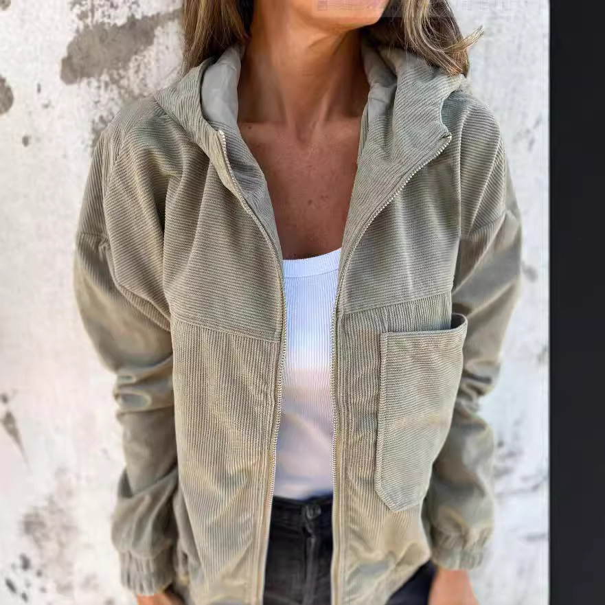 Women's Solid Corduroy Hooded Jacket Casual Loose Fit