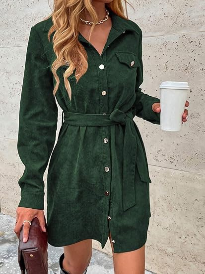 Corduroy Shirt Dress with Belt and Flap Pockets