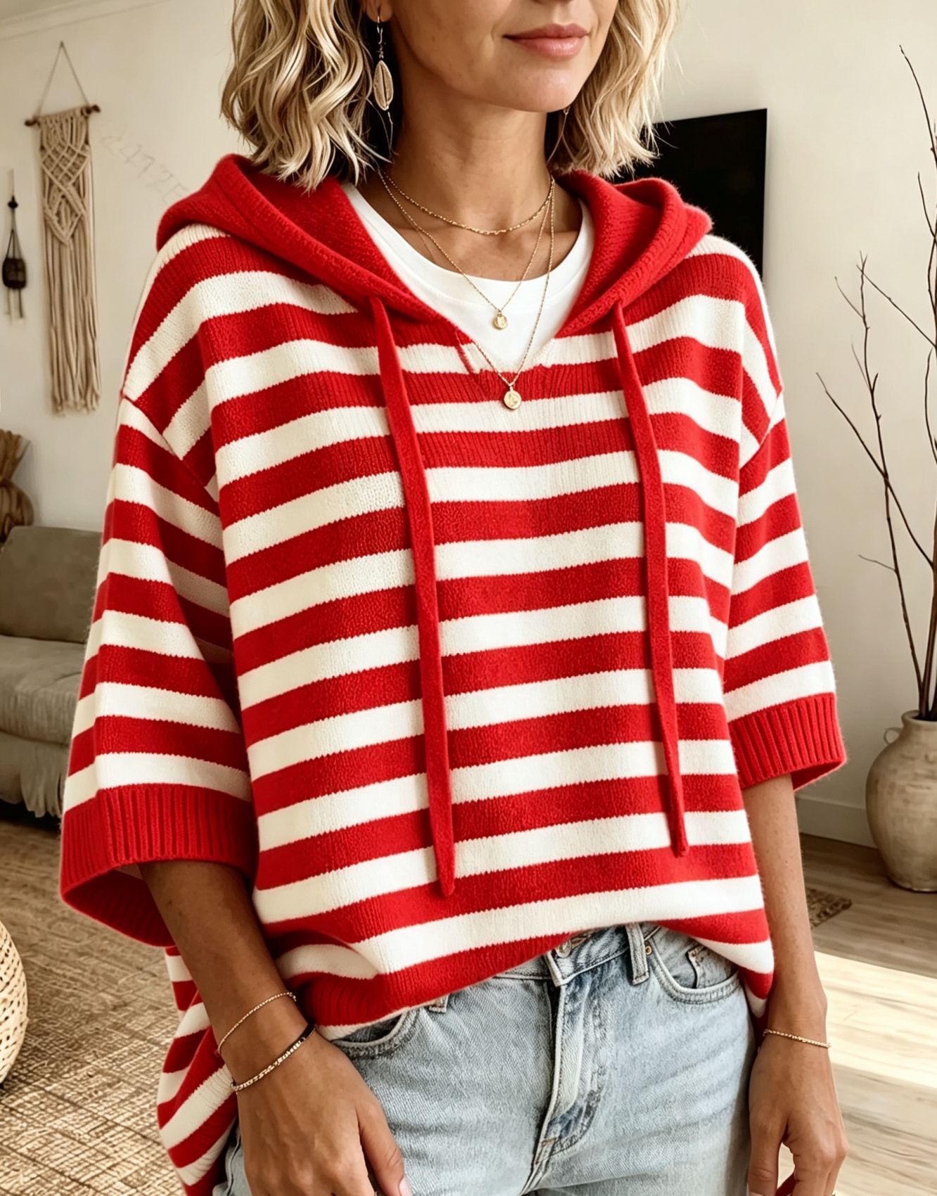 Striped Hooded Knit Pullover Sweater with Drawstring