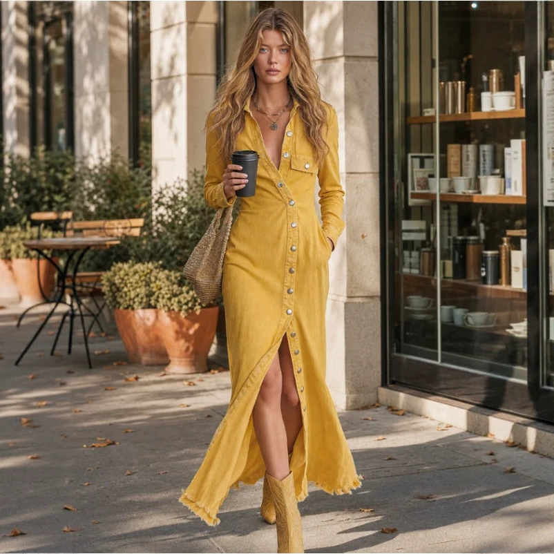 Retro Western Asymmetric Button Slit Denim Dress