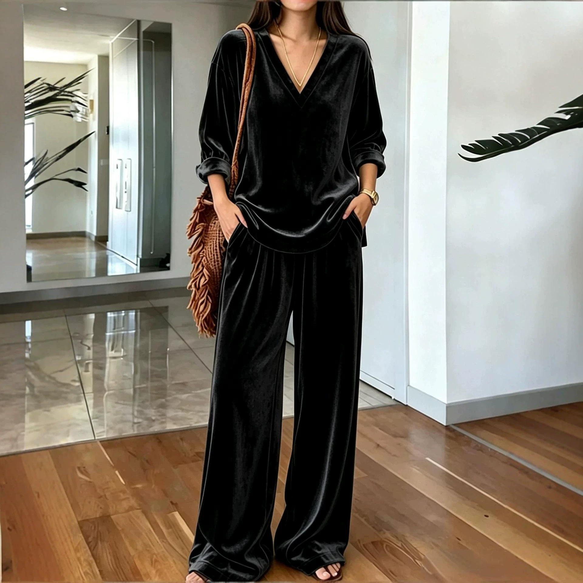Women's V-Neck Long Sleeve Top & Wide Leg Pants Two-Piece Set