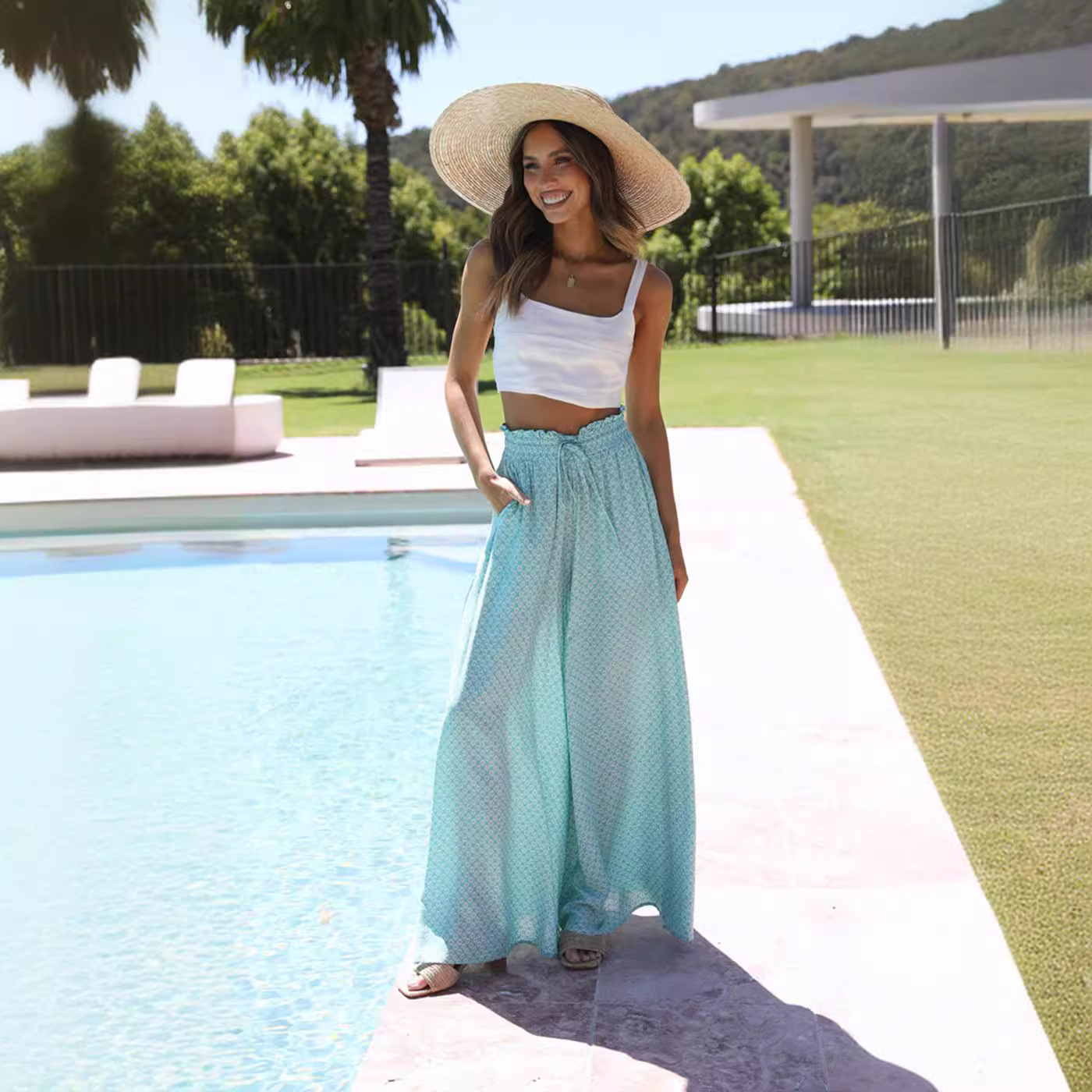 Printed Wide-Leg High-Waist Pants with Elastic Waist