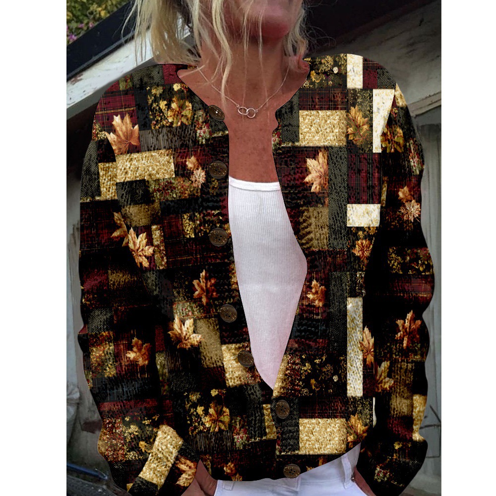 Women's Plaid Floral Print Button-Down Cardigan Sweater
