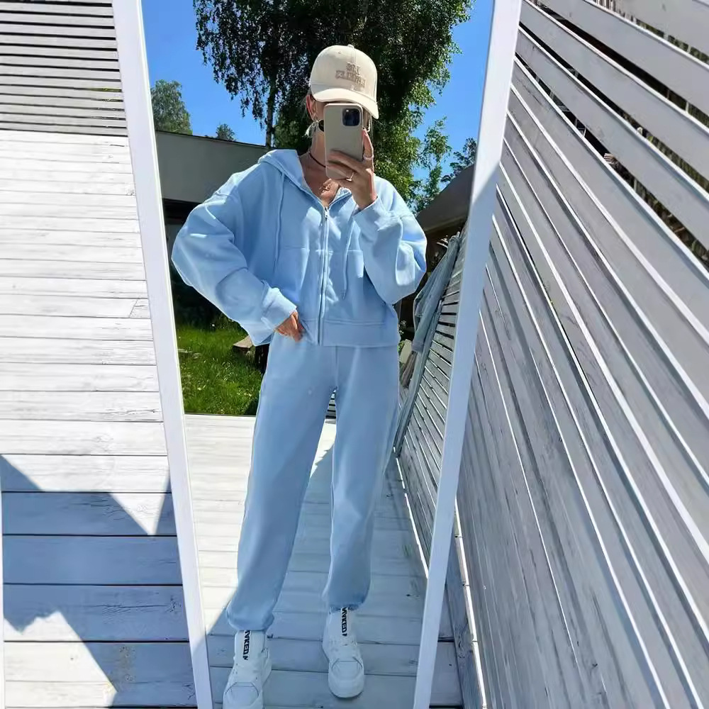Women's Solid Color Long Sleeve Zip Hoodie and Drawstring Pants Two-Piece Set