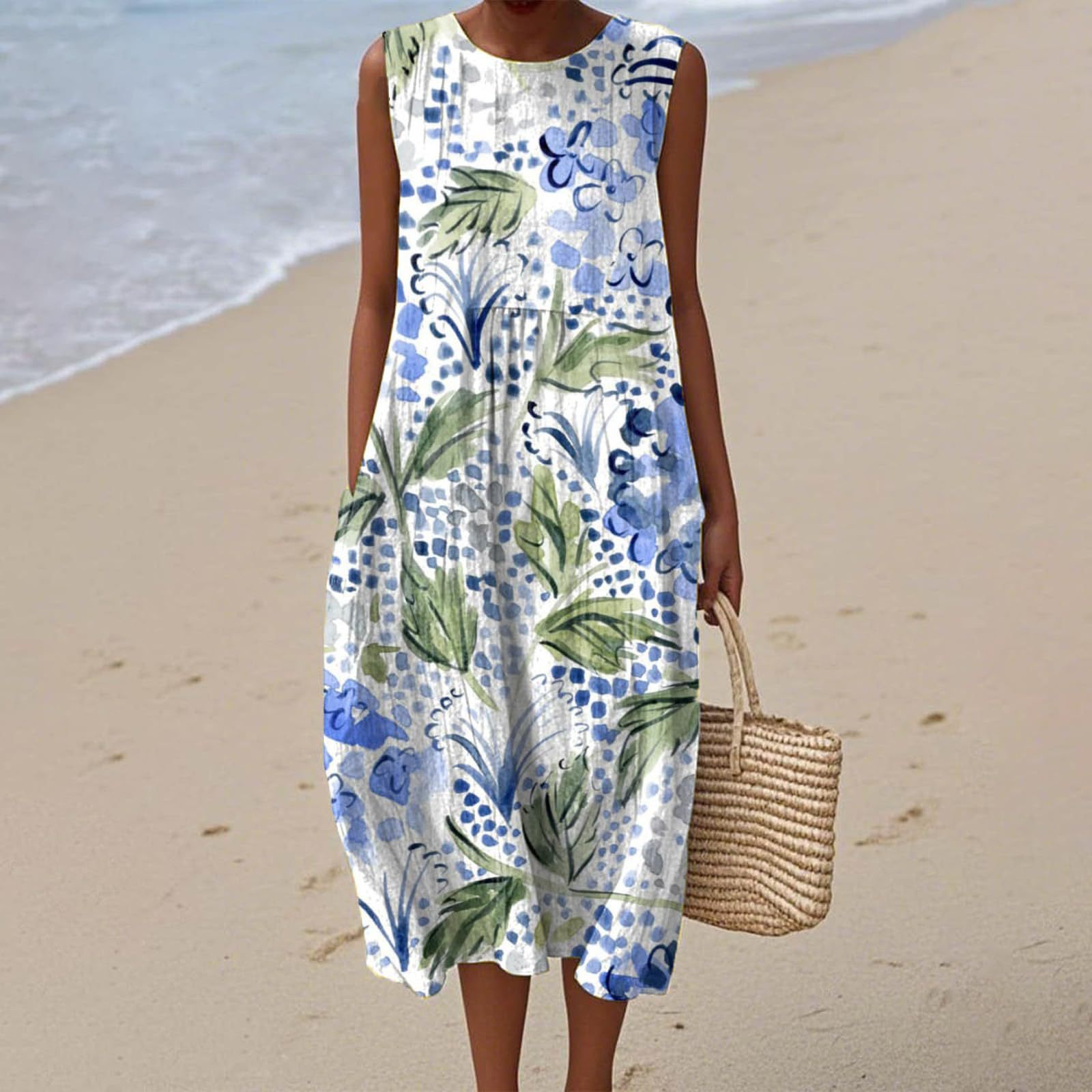 Women's Vintage Floral Print Midi Dress Sleeveless Round Neck Slim Fit