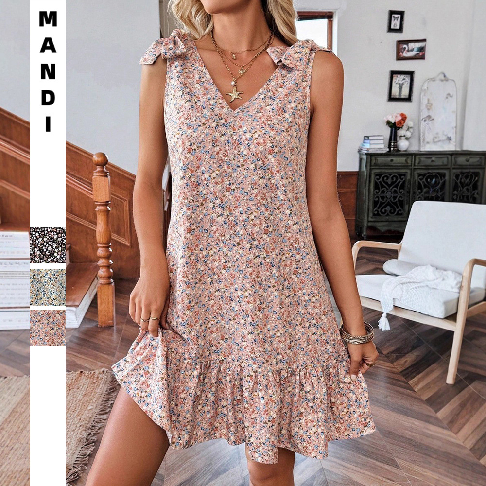 V-Neck Bow Floral Cami Dress Sleeveless Midi