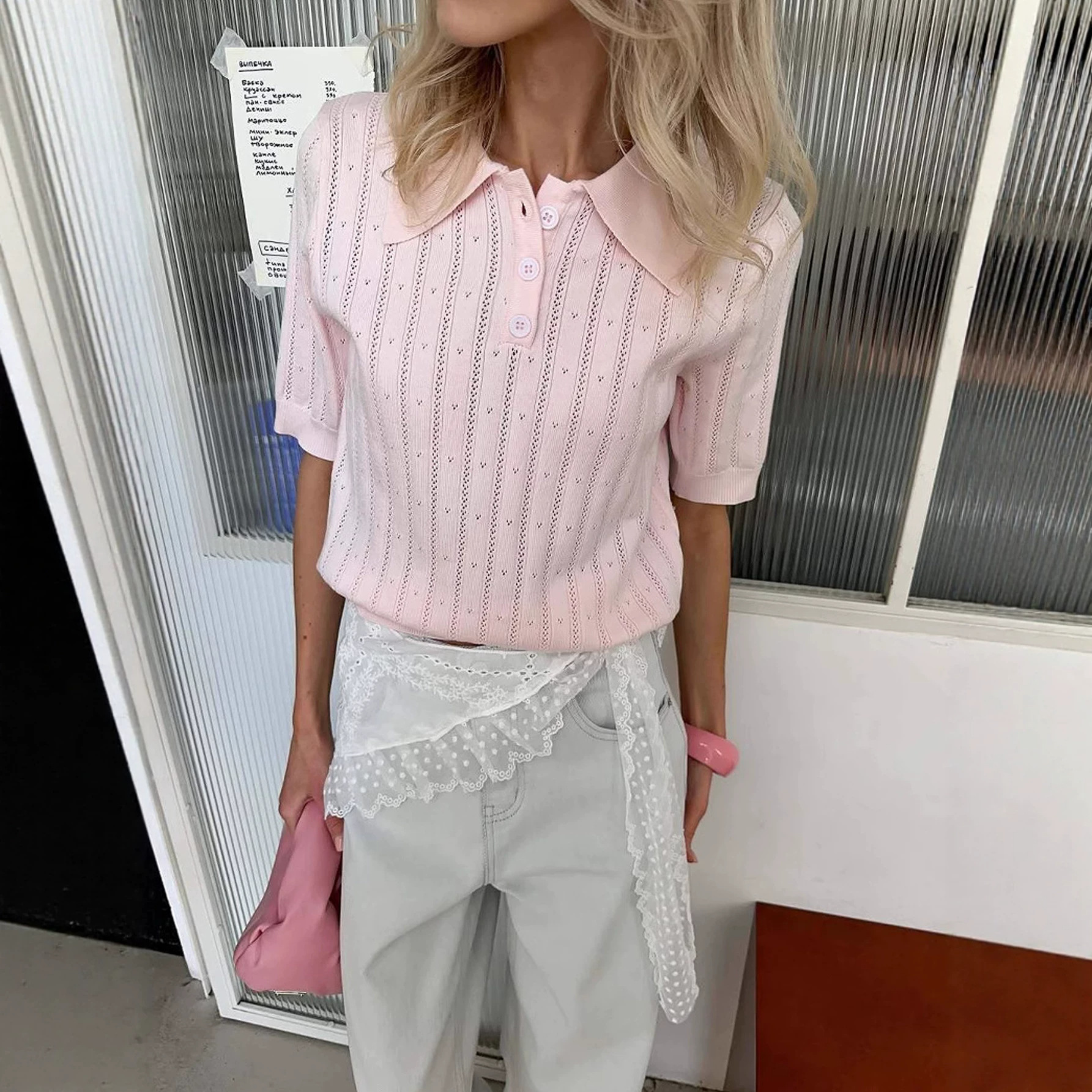 Women's Casual Polo Neck Short Sleeve Knit Top