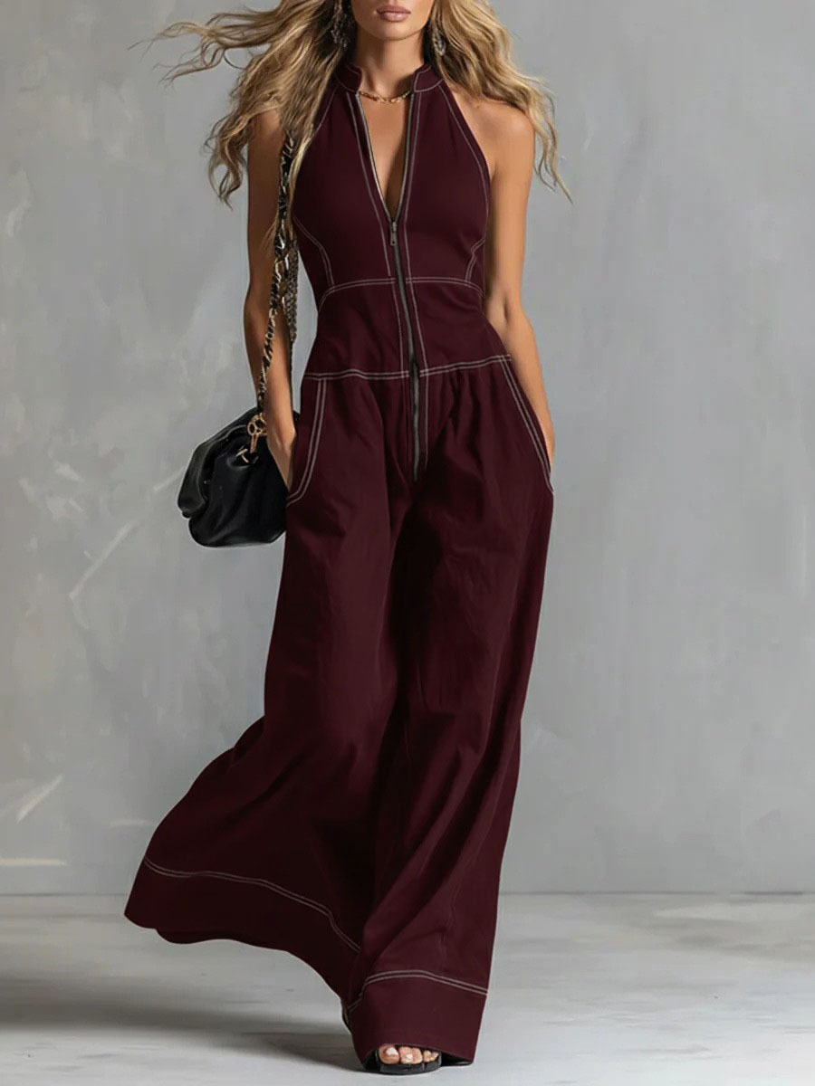Women's Sleeveless Stand Collar Wide-Leg Jumpsuit