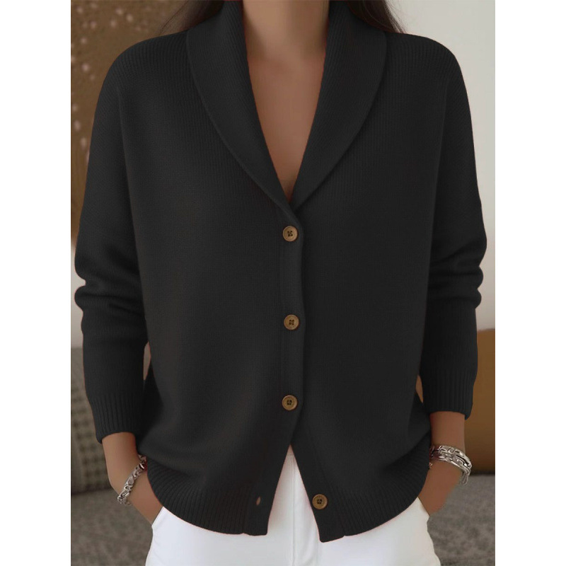 Women's Soft Knit Cardigan Loose Lazy Style Collared Button-Down Long Sleeve Solid Color