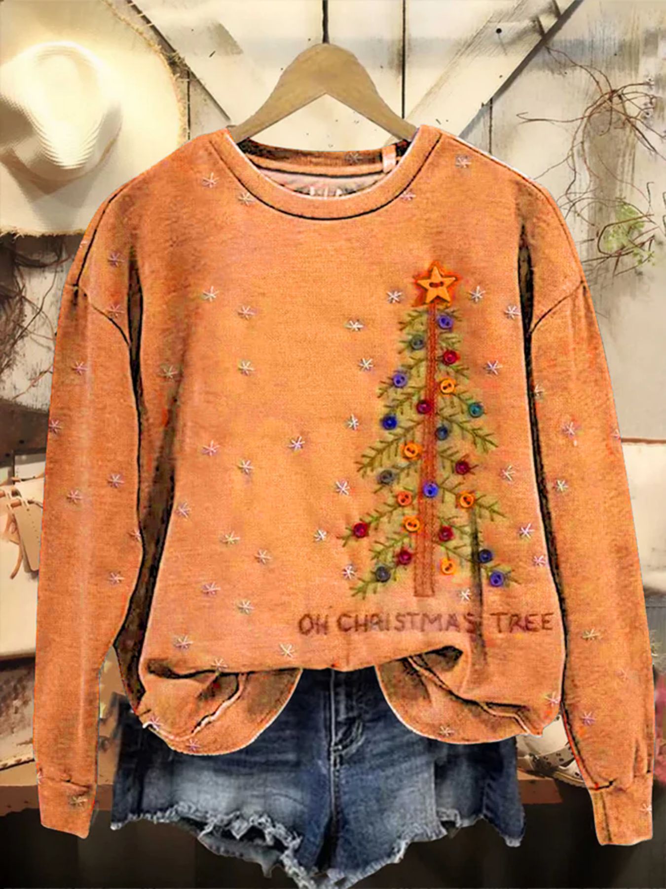 Christmas Tree Print Crewneck Long Sleeve Pullover Sweatshirt