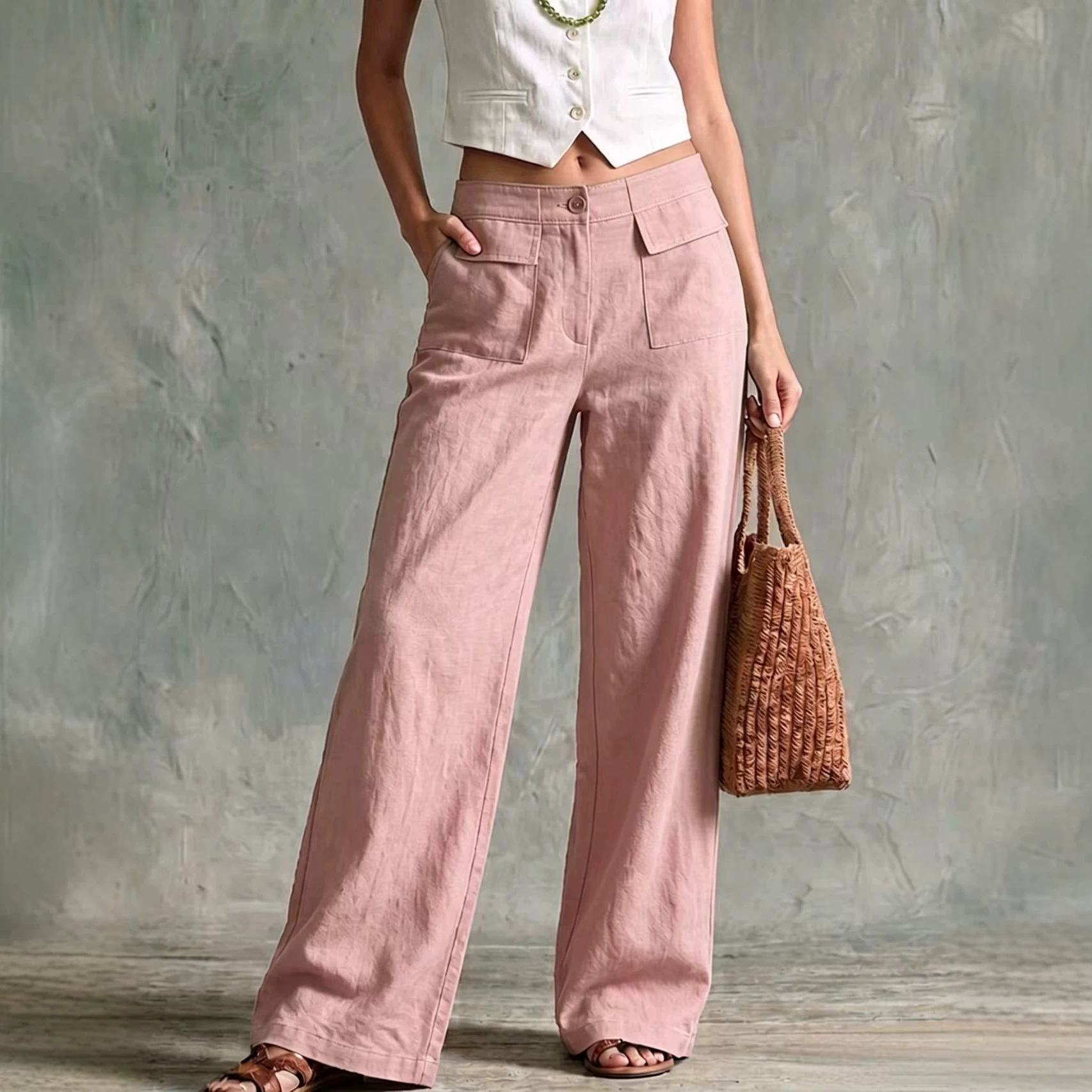 Women's Solid Color Wide-Leg Elastic Waist Casual Pants