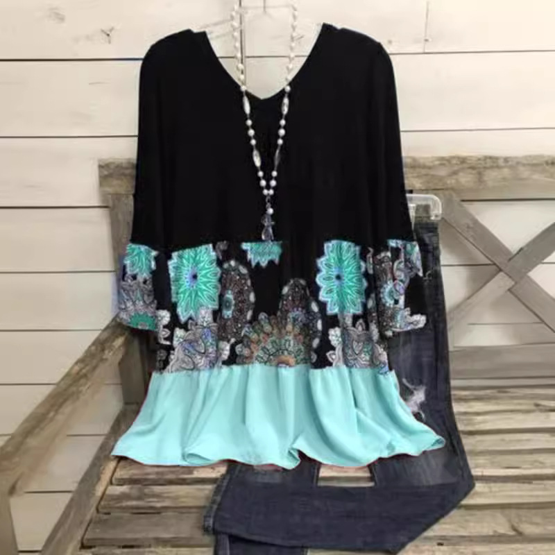 Plus Size V-Neck Floral Print Midi Dress Long Sleeve