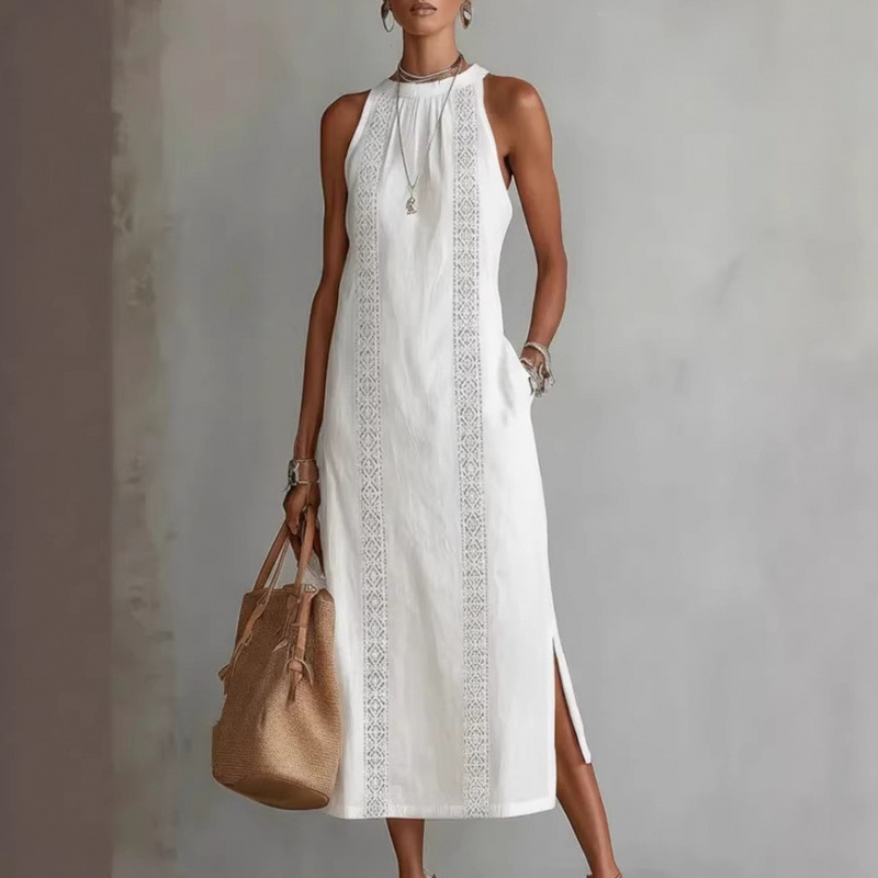 Women's Halter Neck Sleeveless Lace Panel Midi Dress