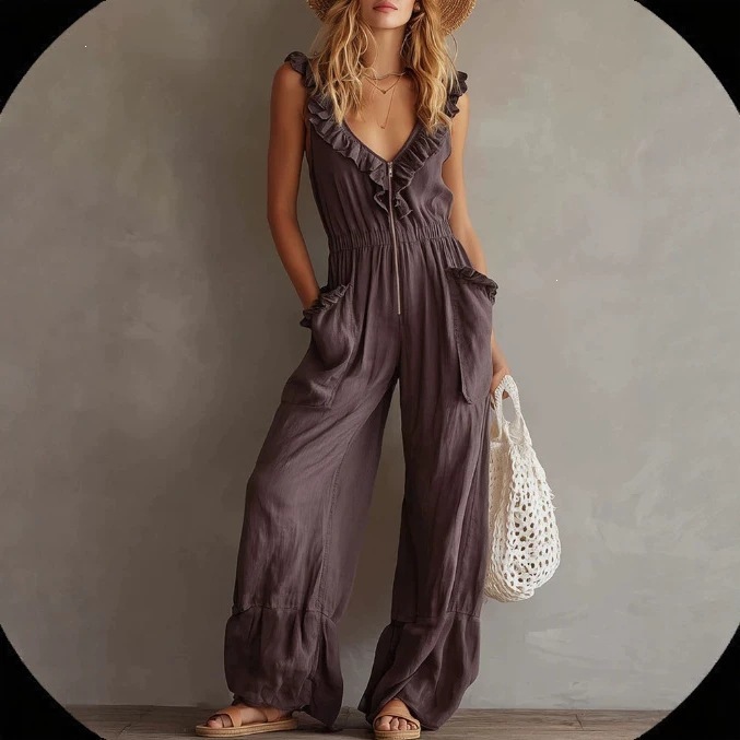 Women's Sleeveless Ruffle Trim Wide-Leg Jumpsuit Solid Color Casual