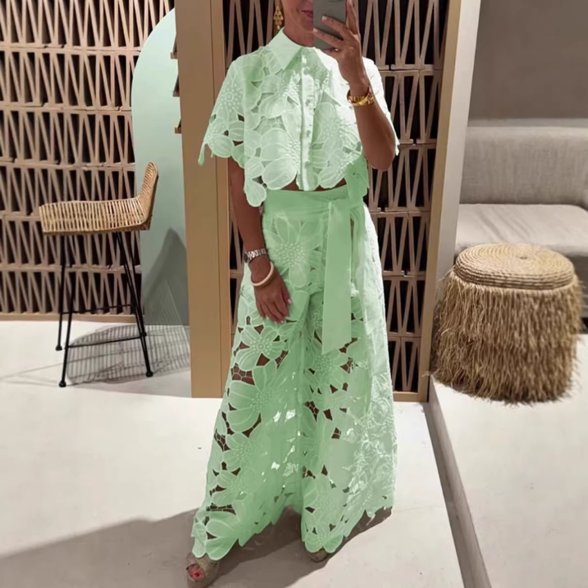 Women's Solid Color Cutout Cardigan & Wide-Leg Pants Two-Piece Set