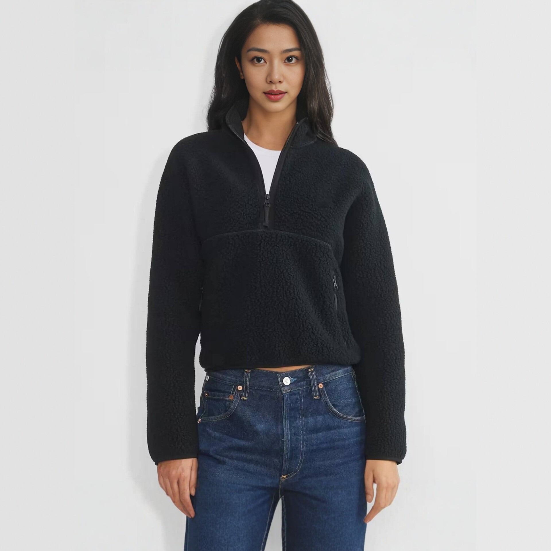 Women's Retro Fleece Half-Zip Pullover Sweatshirt Solid Stand Collar