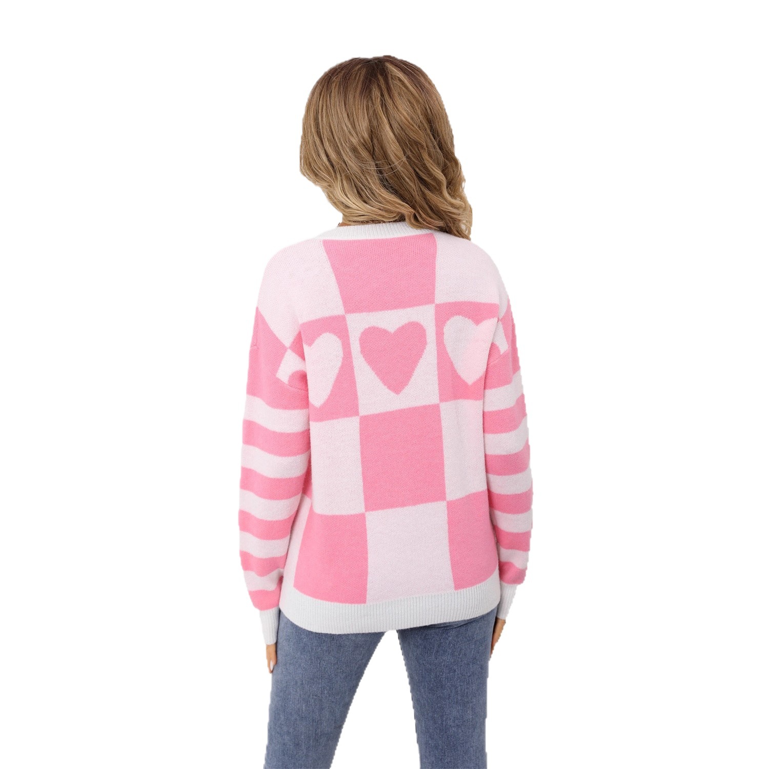 Colorblock Plaid Heart Pullover Sweater