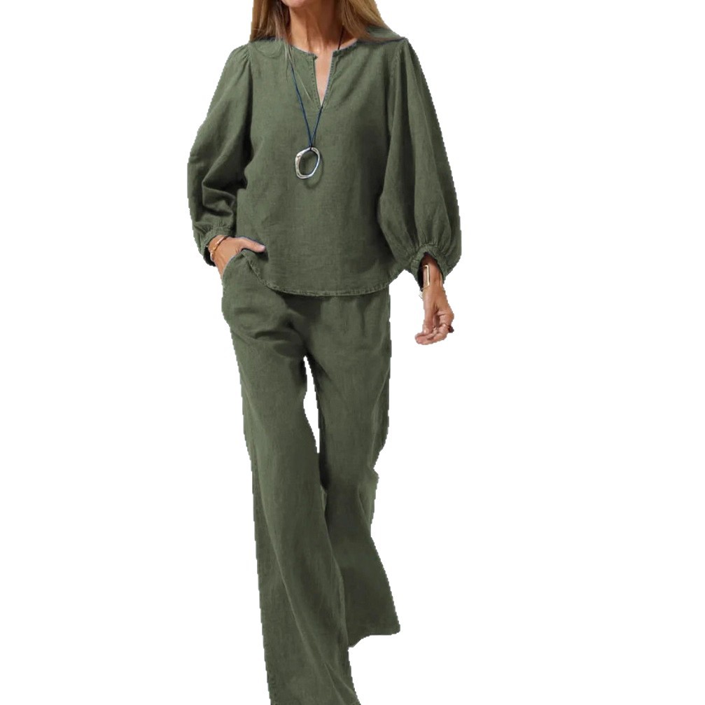 Women's Cotton-Linen V-Neck Long-Sleeve Top & Straight-Leg Pants Set