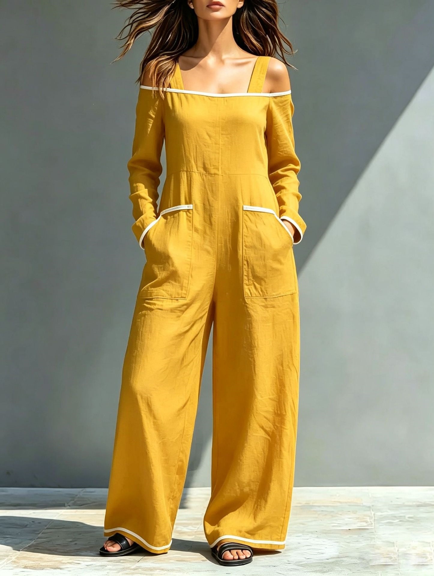 Off-Shoulder Colorblock Wide-Leg Jumpsuit with Pockets