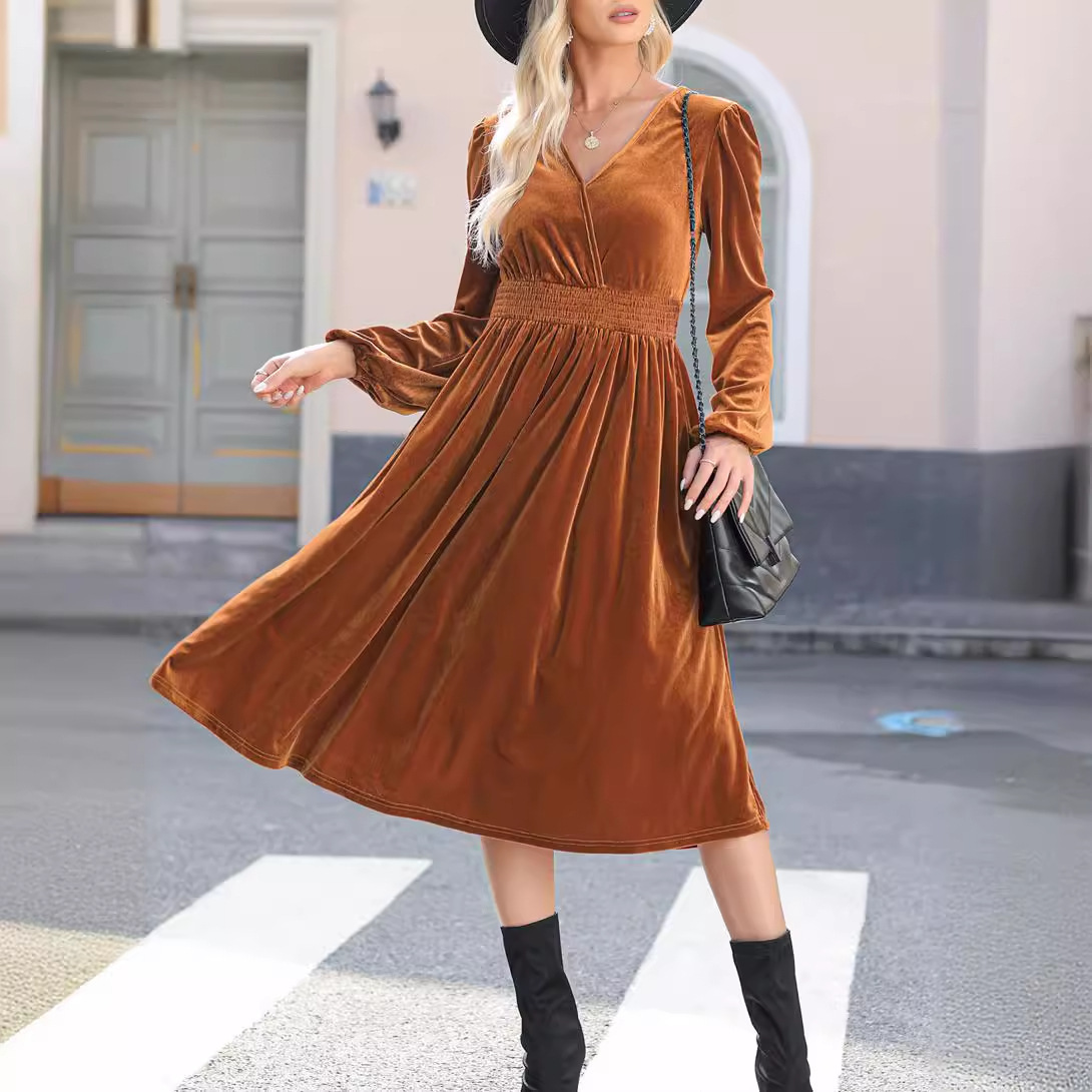 Solid Long Sleeve V-Neck Pleated High Waist A-Line Midi Dress