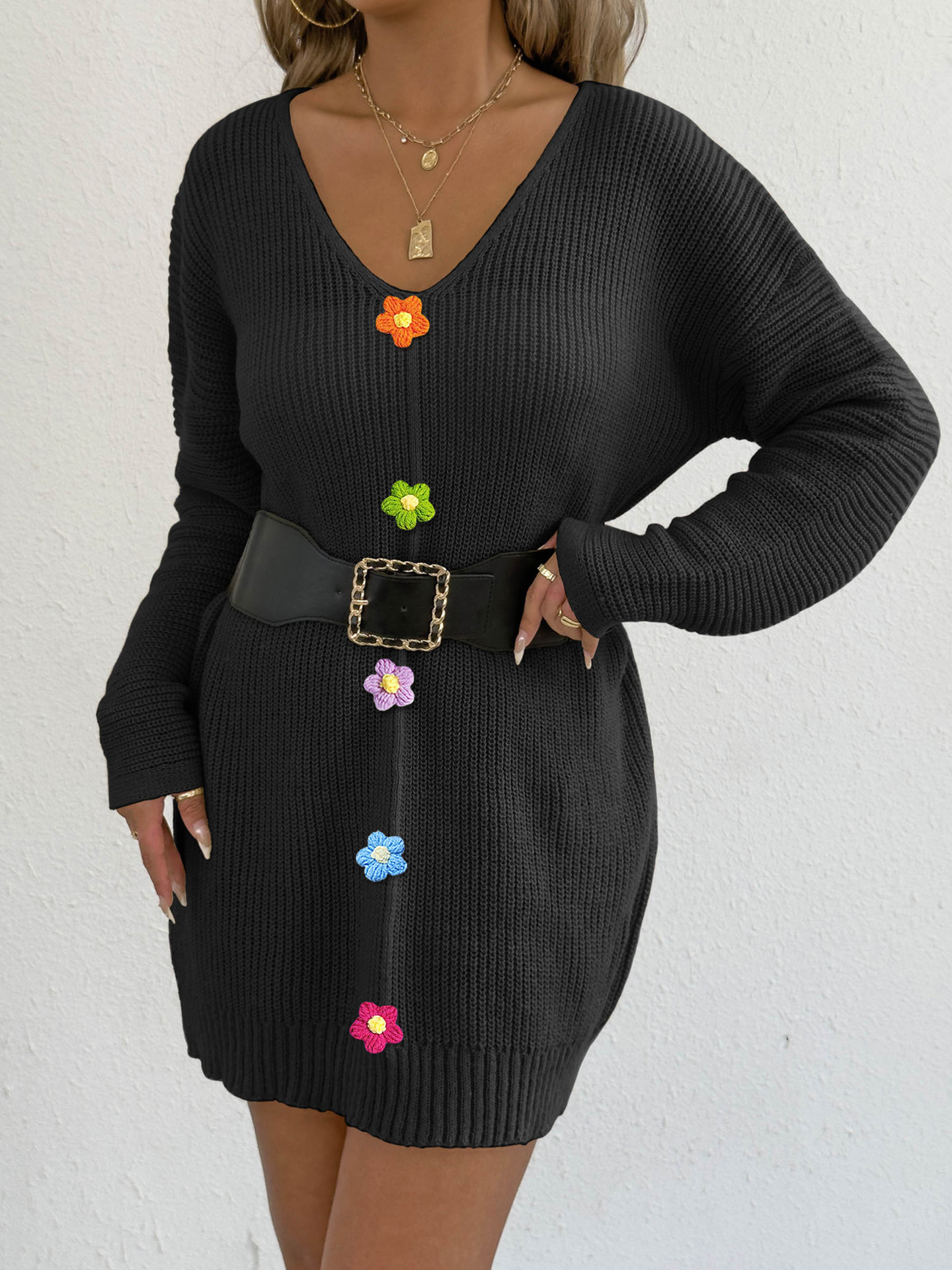 Women's Deep V-Neck Hand-Crochet Floral Panel Sweater Dress