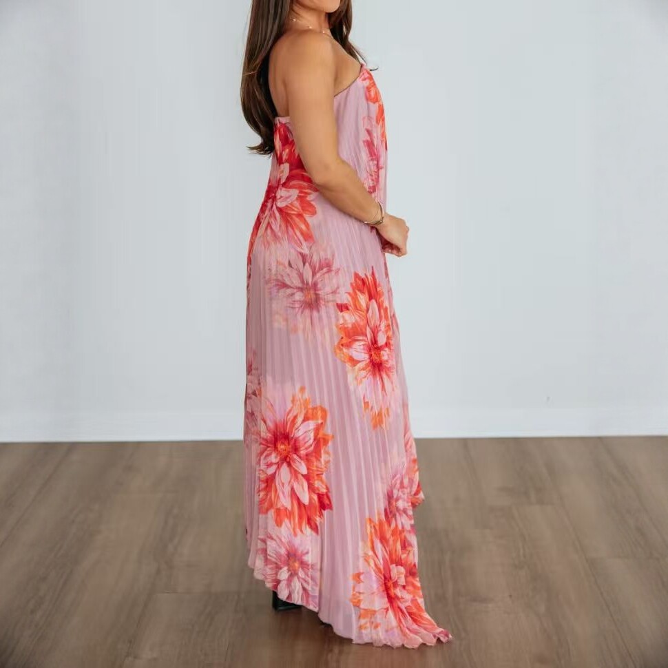 Pink Orange-Red Floral Strapless Pleated Maxi Dress