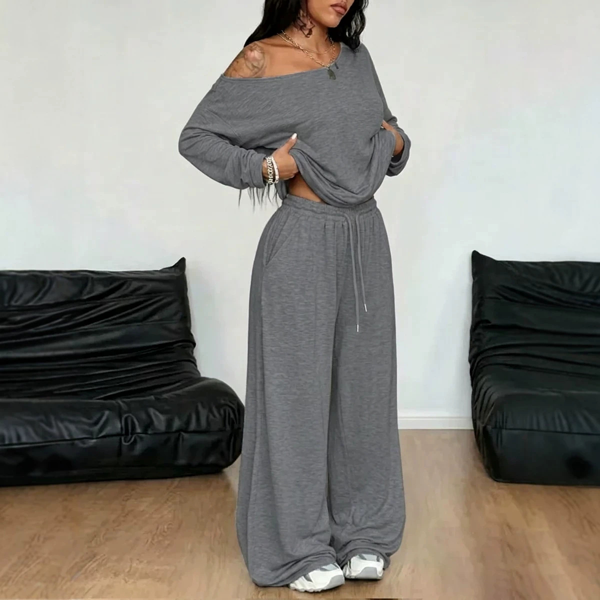Women's Oblique Collar Wide-Leg Pants Set Solid Color Casual Two-Piece Long Sleeve