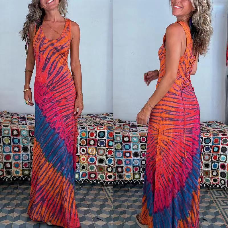 Sexy Printed Bodycon Back Tie Dress Women's Summer