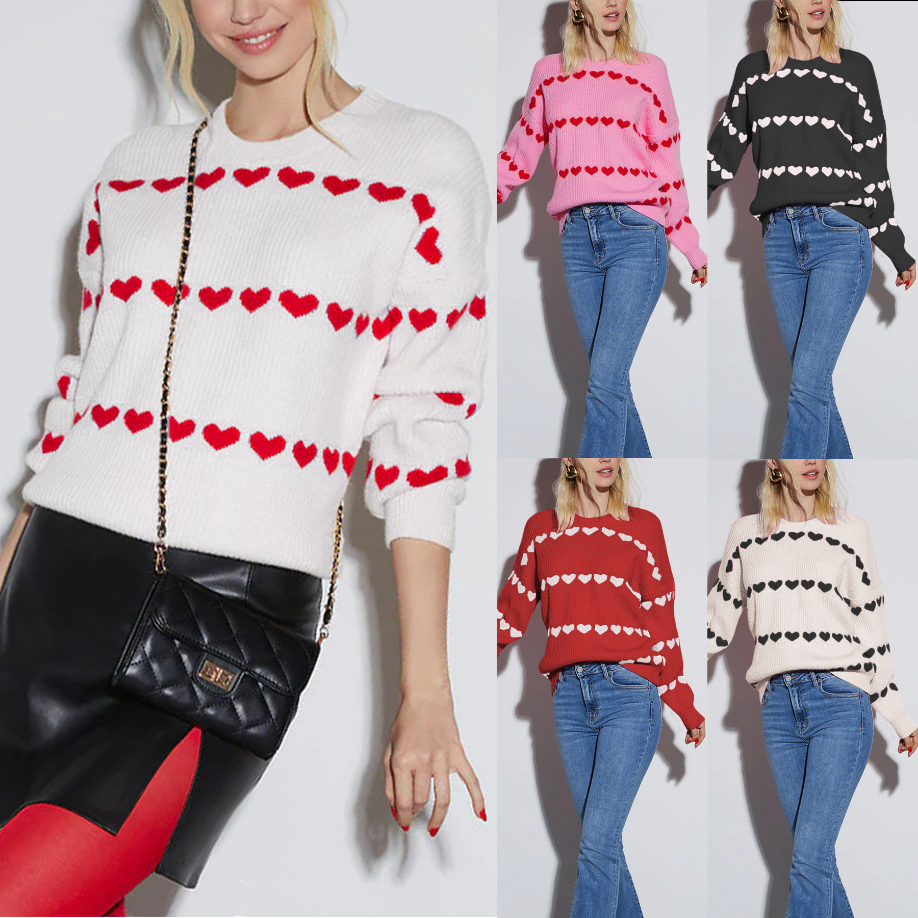Heart Pattern Loose Knit Sweater Women's Pullover