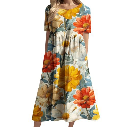 Women's Floral Print Ruched Midi Dress Short Sleeve Crew Neck