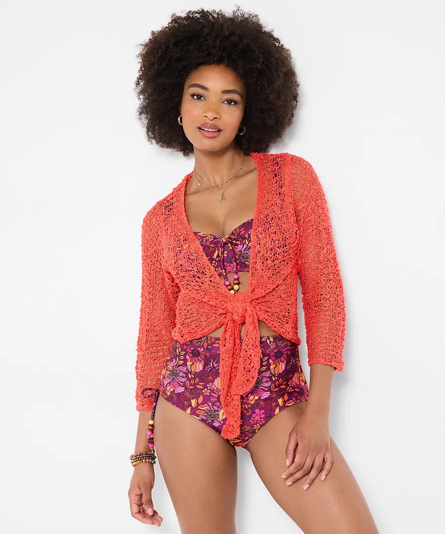 Women's Knit Beach Cardigan Cover-Up Slimming V-Neck Flared Sleeve