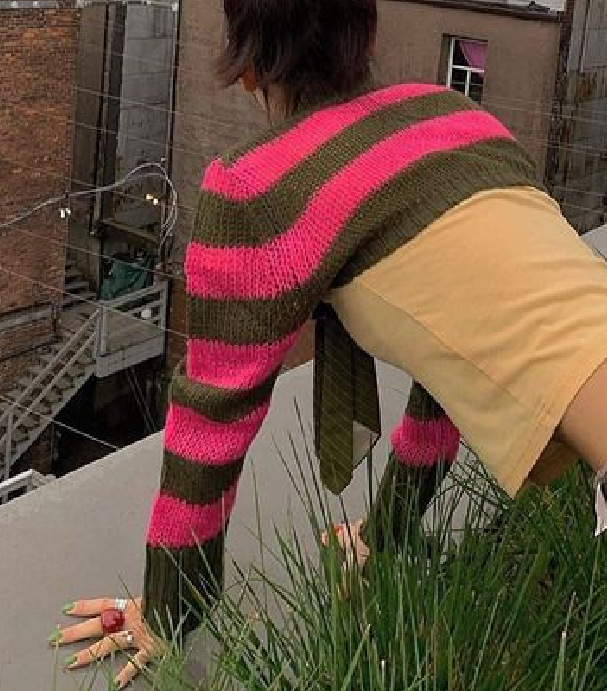 Striped Square Neck Button-Front Crop Top with Long Sleeves