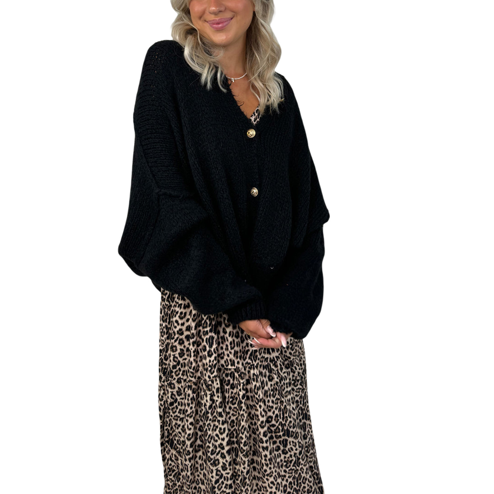 Women's Solid Color Loose Knit Cardigan Long Sleeve Round Neck