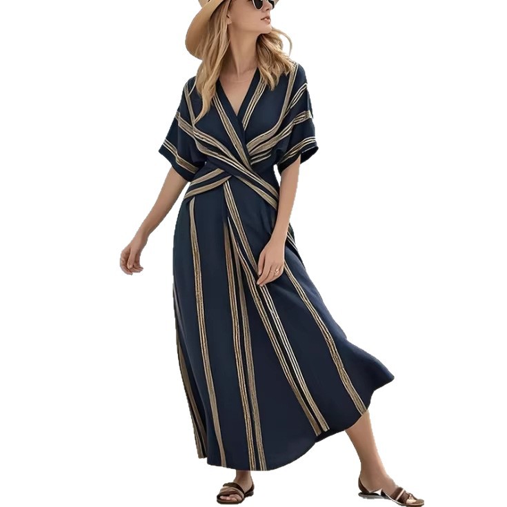 Women's V-Neck Short Sleeve Pleated Maxi Dress