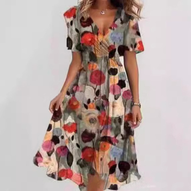 Women's V-Neck Floral Print A-Line Midi Dress