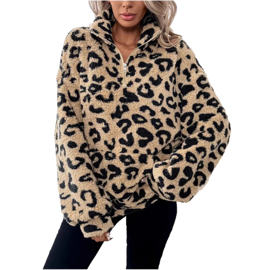 Women's Leopard Print Zip-Up Fleece Hoodie with Pockets