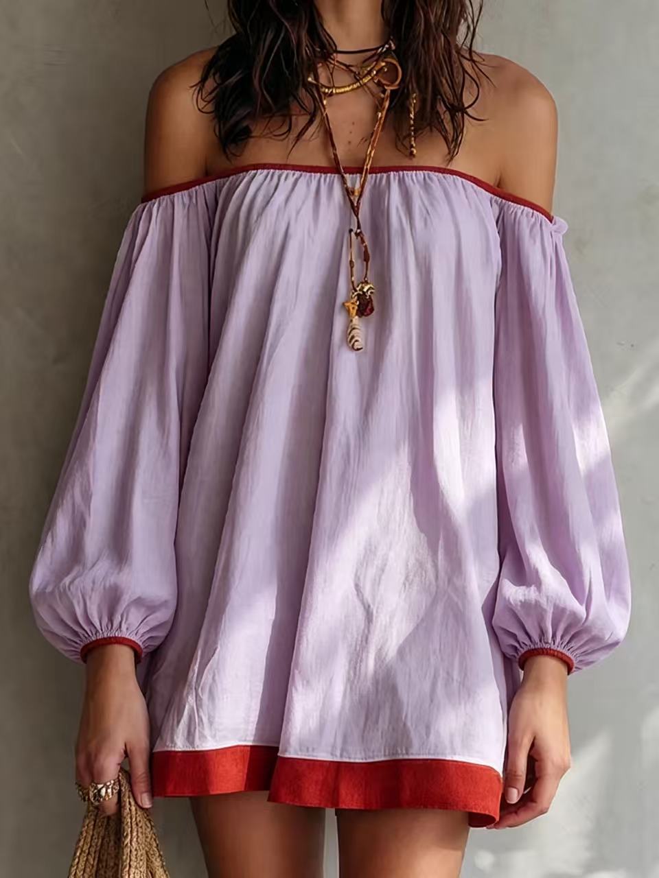 Retro Color-Block Shirt Dress with Red Trim Bell Sleeves