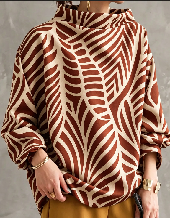 Women's Long Sleeve Loose Colorblock Print High Neck Sweatshirt