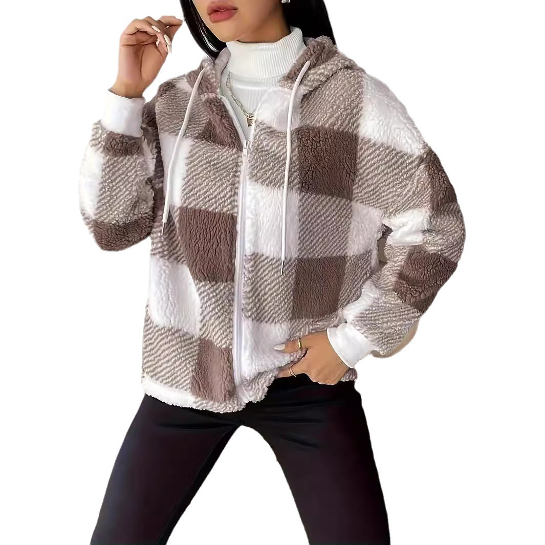 Plaid Hooded Zip-Up Cardigan Coat Loose Fit Long Sleeve Fuzzy Knit