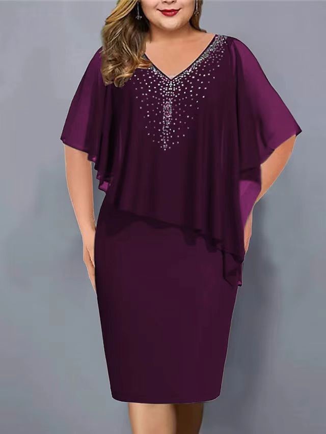 V-Neck Rhinestone Mesh Cape A-Line Midi Dress