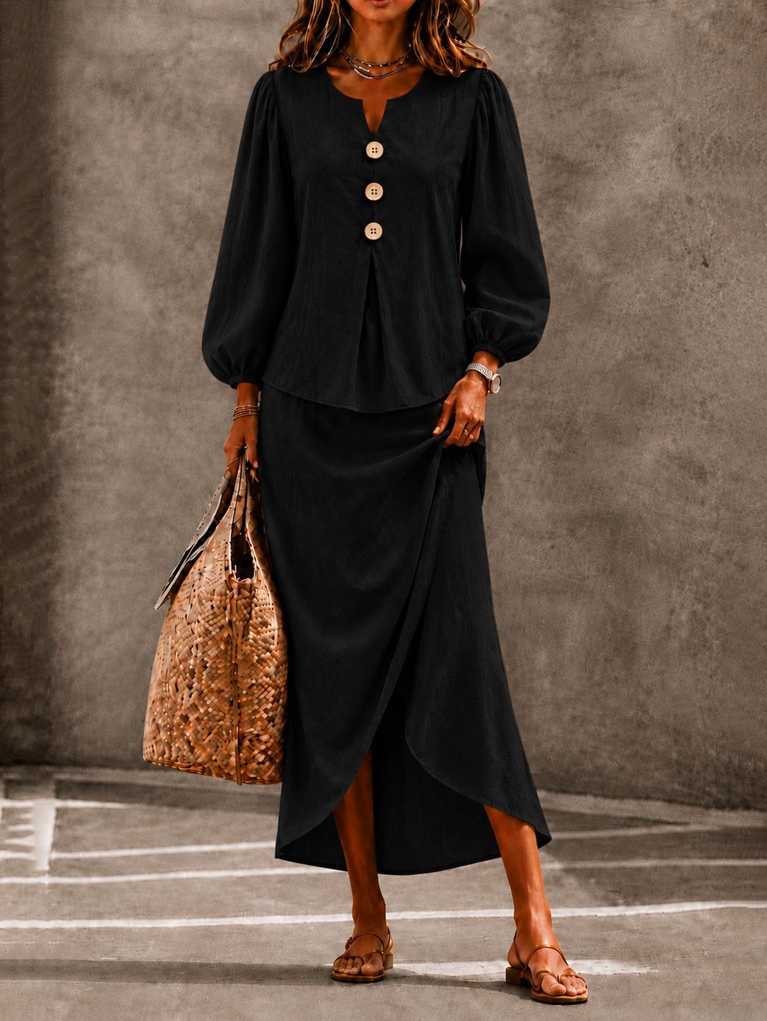 Women's Two-Piece Set with Round-Neck Button Top and Lantern Sleeves, Long Skirt