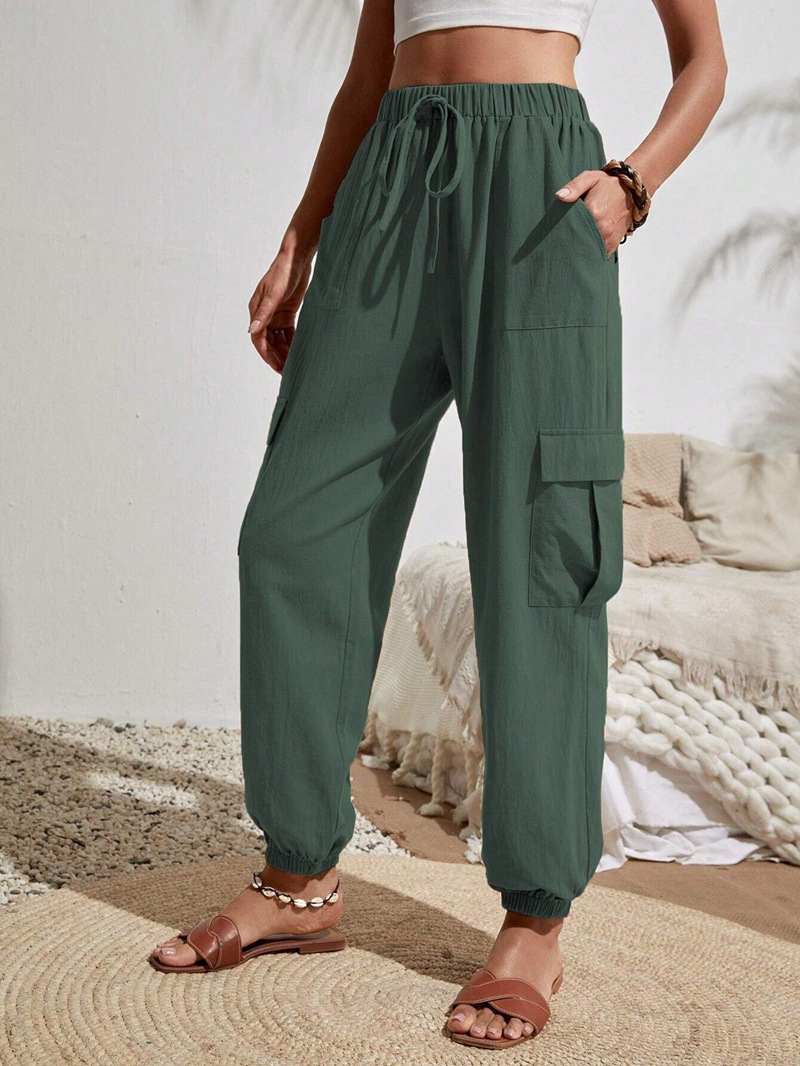 Women's Solid Color Cargo Pants with Pockets, Casual Slim Fit