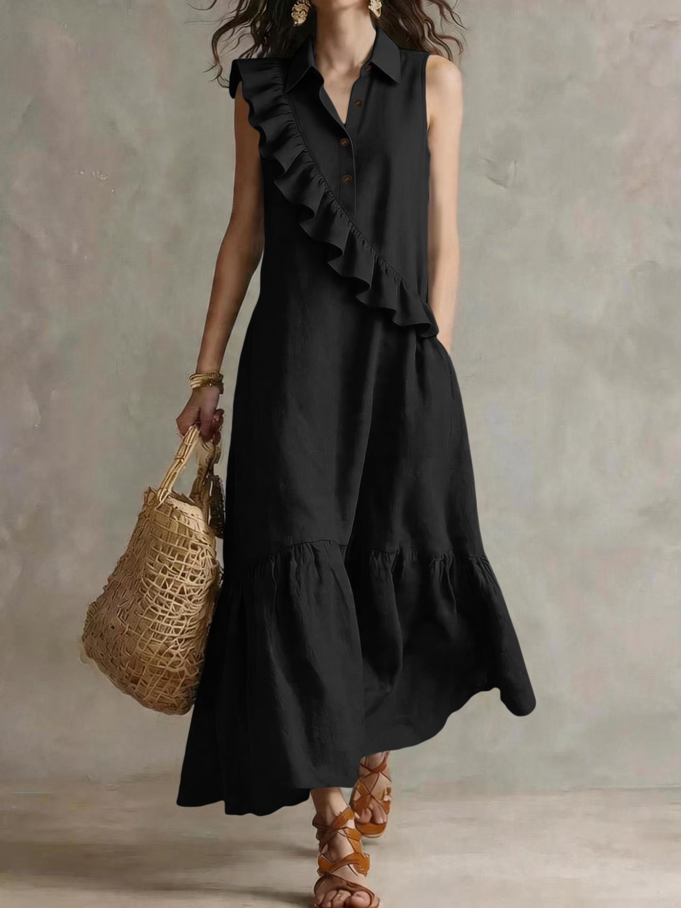Sleeveless Blazer-Collar Midi Dress