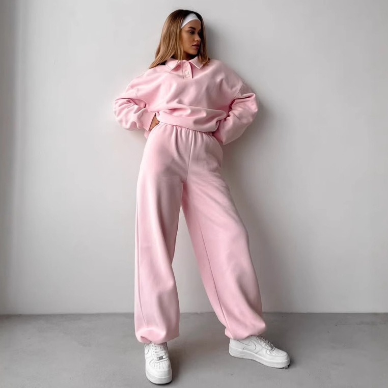 Women's Solid Color Long Sleeve Collared Sweatshirt and Elastic Waist Pants Two-Piece Set
