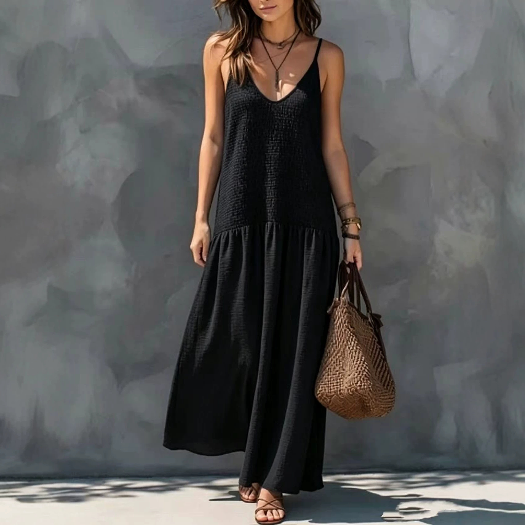 Women's Smocked Sleeveless A-Line Maxi Dress