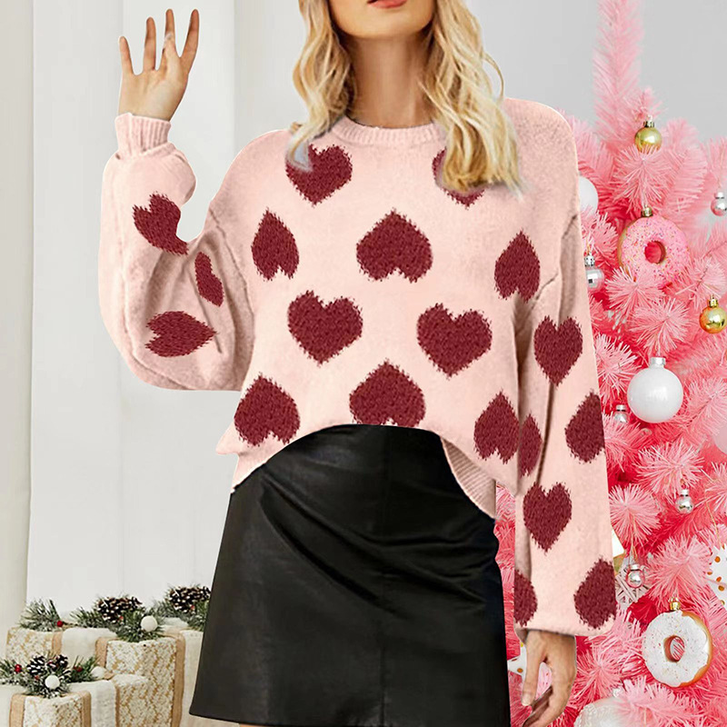 Puff Sleeve Heart Jacquard Pullover Sweater